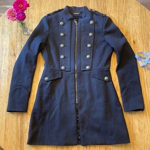 Steve Madden, Captains Coat, Black w/ Bronze Buttons, Sewn Crease Details Sz. M